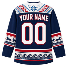 Load image into Gallery viewer, Iceland Original Hockey Jersey in Aurora Navy, back view with your name and number – lopapeysa knit-pattern yoke, Icelandic horse sleeve bands and basalt-column hem, detailed artwork