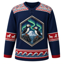 Load image into Gallery viewer, Iceland Original Hockey Jersey in Aurora Navy, front view – basalt-column crest of puffins under the aurora, ornate lopapeysa knit-pattern yoke, detailed artwork, custom name and number