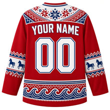 Load image into Gallery viewer, Iceland Original Hockey Jersey in Lava Red, back view with your name and number – lopapeysa knit-pattern yoke, Icelandic horse sleeve bands and basalt-column hem, detailed artwork