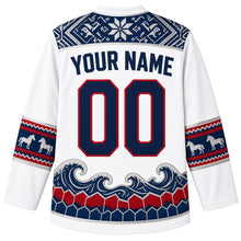 Load image into Gallery viewer, Iceland Original Hockey Jersey in Glacier White, back view with your name and number – lopapeysa knit-pattern yoke, Icelandic horse sleeve bands and basalt-column hem, detailed artwork
