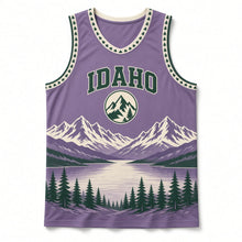 Load image into Gallery viewer, Idaho Sawtooth Peaks Original Basketball Jersey in Huckleberry, front view – custom name and number