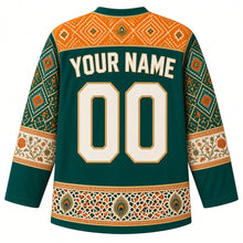 Load image into Gallery viewer, India Original Hockey Jersey in Peacock Green, back view – Bandhani-dot and block-print floral yoke and ornate sleeve bands, with your name and number