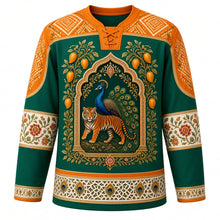 Load image into Gallery viewer, India Original Hockey Jersey in Peacock Green, front view – ornate tiger-and-peacock Mughal-arch crest with mango branches and Bandhani-dot and block-print floral yoke, detailed artwork, custom name and number