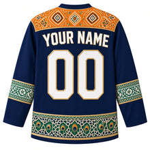 Load image into Gallery viewer, India Original Hockey Jersey in Indigo Night, back view – Bandhani-dot and block-print floral yoke and ornate sleeve bands, with your name and number