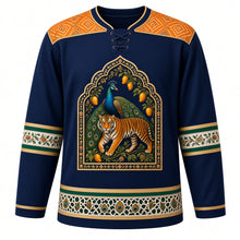Load image into Gallery viewer, India Original Hockey Jersey in Indigo Night, front view – ornate tiger-and-peacock Mughal-arch crest with mango branches and Bandhani-dot and block-print floral yoke, detailed artwork, custom name and number
