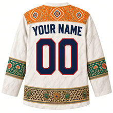 Load image into Gallery viewer, India Original Hockey Jersey in Marble White, back view – Bandhani-dot and block-print floral yoke and ornate sleeve bands, with your name and number