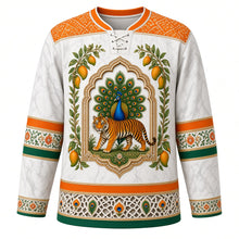 Load image into Gallery viewer, India Original Hockey Jersey in Marble White, front view – ornate tiger-and-peacock Mughal-arch crest with mango branches and Bandhani-dot and block-print floral yoke, detailed artwork, custom name and number