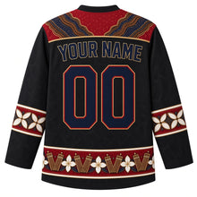 Load image into Gallery viewer, Indonesia Original Hockey Jersey in Volcanic Black, back view – diagonal parang batik yoke and ornate sleeve bands, with your name and number