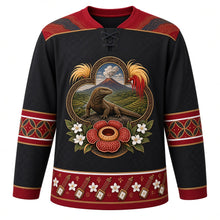 Load image into Gallery viewer, Indonesia Original Hockey Jersey in Volcanic Black, front view – ornate Komodo dragon and rice-terrace kawung crest with Rafflesia and bird-of-paradise and diagonal parang batik yoke, detailed artwork, custom name and number