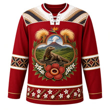 Load image into Gallery viewer, Indonesia Original Hockey Jersey in Merah Crimson, front view – ornate Komodo dragon and rice-terrace kawung crest with Rafflesia and bird-of-paradise and diagonal parang batik yoke, detailed artwork, custom name and number