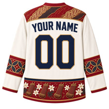 Load image into Gallery viewer, Indonesia Original Hockey Jersey in Melati White, back view – diagonal parang batik yoke and ornate sleeve bands, with your name and number