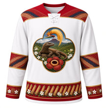 Load image into Gallery viewer, Indonesia Original Hockey Jersey in Melati White, front view – ornate Komodo dragon and rice-terrace kawung crest with Rafflesia and bird-of-paradise and diagonal parang batik yoke, detailed artwork, custom name and number