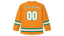 Load image into Gallery viewer, International Day of Yoga Original Hockey Jersey in Saffron, back view with your name and number