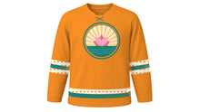 Load image into Gallery viewer, International Day of Yoga Original Hockey Jersey in Saffron, front view – custom name and number