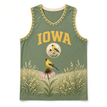 Load image into Gallery viewer, Iowa Goldfinch Prairie Original Basketball Jersey in Prairie Green, front view – custom name and number