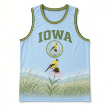 Load image into Gallery viewer, Iowa Goldfinch Prairie Original Basketball Jersey in Big Sky Blue, front view – custom name and number