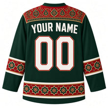 Load image into Gallery viewer, Iran Original Hockey Jersey in Midnight Cypress, back view – boteh carpet-border yoke and ornate sleeve bands, with your name and number