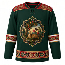 Load image into Gallery viewer, Iran Original Hockey Jersey in Midnight Cypress, front view – ornate carpet-medallion crest with Asiatic cheetah, pomegranate tree and rose-and-nightingale and boteh carpet-border yoke, detailed artwork, custom name and number