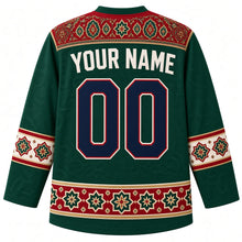 Load image into Gallery viewer, Iran Original Hockey Jersey in Caspian Green, back view – boteh carpet-border yoke and ornate sleeve bands, with your name and number