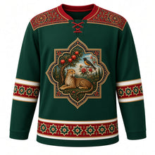 Load image into Gallery viewer, Iran Original Hockey Jersey in Caspian Green, front view – ornate carpet-medallion crest with Asiatic cheetah, pomegranate tree and rose-and-nightingale and boteh carpet-border yoke, detailed artwork, custom name and number