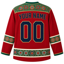 Load image into Gallery viewer, Iran Original Hockey Jersey in Pomegranate Red, back view – boteh carpet-border yoke and ornate sleeve bands, with your name and number