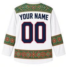 Load image into Gallery viewer, Iran Original Hockey Jersey in Alborz White, back view – boteh carpet-border yoke and ornate sleeve bands, with your name and number