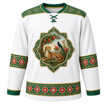 Load image into Gallery viewer, Iran Original Hockey Jersey in Alborz White, front view – ornate carpet-medallion crest with Asiatic cheetah, pomegranate tree and rose-and-nightingale and boteh carpet-border yoke, detailed artwork, custom name and number
