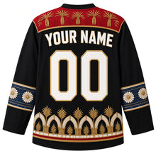 Load image into Gallery viewer, Iraq Original Hockey Jersey in Basalt Black, back view – woven palm-frond and date-cluster yoke and ornate sleeve bands, with your name and number