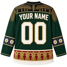 Load image into Gallery viewer, Iraq Original Hockey Jersey in Palm Frond Green, back view – woven palm-frond and date-cluster yoke and ornate sleeve bands, with your name and number