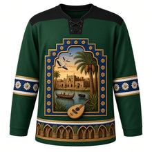 Load image into Gallery viewer, Iraq Original Hockey Jersey in Palm Frond Green, front view – ornate Babylonian glazed-brick gate crest with mudhif reed house, water buffalo and date palms and woven palm-frond and date-cluster yoke, detailed artwork, custom name and number