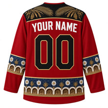 Load image into Gallery viewer, Iraq Original Hockey Jersey in Euphrates Red, back view – woven palm-frond and date-cluster yoke and ornate sleeve bands, with your name and number