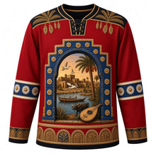 Load image into Gallery viewer, Iraq Original Hockey Jersey in Euphrates Red, front view – ornate Babylonian glazed-brick gate crest with mudhif reed house, water buffalo and date palms and woven palm-frond and date-cluster yoke, detailed artwork, custom name and number