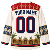 Load image into Gallery viewer, Iraq Original Hockey Jersey in Date Blossom White, back view – woven palm-frond and date-cluster yoke and ornate sleeve bands, with your name and number