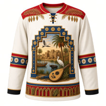 Load image into Gallery viewer, Iraq Original Hockey Jersey in Date Blossom White, front view – ornate Babylonian glazed-brick gate crest with mudhif reed house, water buffalo and date palms and woven palm-frond and date-cluster yoke, detailed artwork, custom name and number