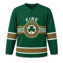 Load image into Gallery viewer, Ireland Celtic Knot Green Original Hockey Jersey in Emerald Green, front view – custom name and number