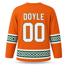 Load image into Gallery viewer, Ireland Celtic Knot Green Original Hockey Jersey in Harvest Orange, back view with your name and number