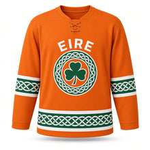 Load image into Gallery viewer, Ireland Celtic Knot Green Original Hockey Jersey in Harvest Orange, front view – custom name and number