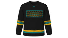 Load image into Gallery viewer, Islamic New Year Original Hockey Jersey in Black, front view with hexagon and diamond tile chest band – custom name and number