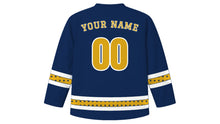 Load image into Gallery viewer, Isra and Miraj Original Hockey Jersey in Midnight Blue, back view with your name and number