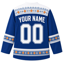 Load image into Gallery viewer, Israel Original Hockey Jersey in Mediterranean Azure, back view – ornate Bauhaus geometric yoke with embroidered anemone rows and citrus-blossom sleeve bands, with your name and number