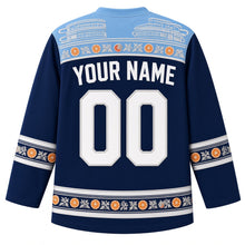 Load image into Gallery viewer, Israel Original Hockey Jersey in Deep Sea Navy, back view – ornate Bauhaus geometric yoke with embroidered anemone rows and citrus-blossom sleeve bands, with your name and number