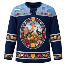 Load image into Gallery viewer, Israel Original Hockey Jersey in Deep Sea Navy, front view – ornate hoopoe, Jaffa orange and Nubian ibex crest, anemone wreath and Bauhaus White City geometric yoke, detailed illustrated artwork, custom name and number