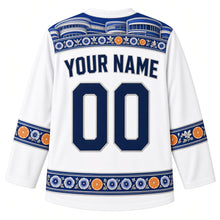 Load image into Gallery viewer, Israel Original Hockey Jersey in White City White, back view – ornate Bauhaus geometric yoke with embroidered anemone rows and citrus-blossom sleeve bands, with your name and number