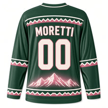 Load image into Gallery viewer, Italy Dolomite Peaks Original Hockey Jersey in Larch Green, back view with your name and number
