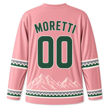 Load image into Gallery viewer, Italy Dolomite Peaks Original Hockey Jersey in Alpenglow Rose, back view with your name and number