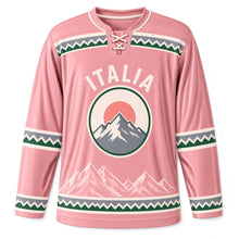 Load image into Gallery viewer, Italy Dolomite Peaks Original Hockey Jersey in Alpenglow Rose, front view – custom name and number