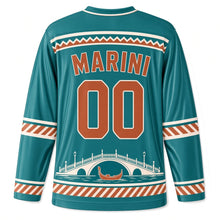 Load image into Gallery viewer, Italy Venetian Canal Original Hockey Jersey in Lagoon Teal, back view with your name and number