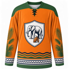 Load image into Gallery viewer, Ivory Coast Independence Day Original Hockey Jersey in Independence Orange, front view with themed artwork and clean crest