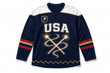 Load image into Gallery viewer, Sparkler Trail Independence Day Hockey Jersey in Sparkler Midnight Navy, front view – custom name and number