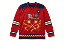 Load image into Gallery viewer, Sparkler Trail Independence Day Hockey Jersey in Sparkler Flare Red, front view – custom name and number
